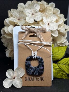 Handmade Marbled Square Pendant Necklace in Black & Purple